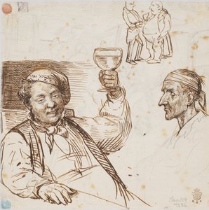 Un hombre con un vaso, la cabeza de un hombre y dos hombres conversando de Wilhelm Marstrand