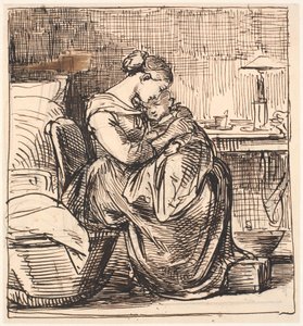 Madre con niño dormido en el regazo en el dormitorio