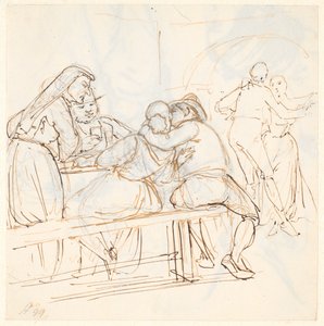 Escena de ópera, en primer plano una pareja sentada se besa de Wilhelm Marstrand