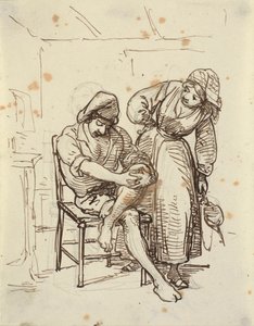 Chica mirando a un joven pescador sentado en una silla de Wilhelm Marstrand