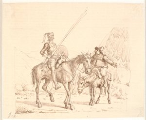 Sancho en el burro explicando algo a Don Quijote