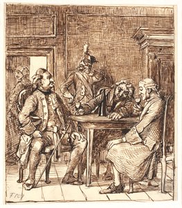 Escena de Barselsstuen. Corfitz bebiendo vino del Rin con el oficial y Jens Olsen de Wilhelm Marstrand
