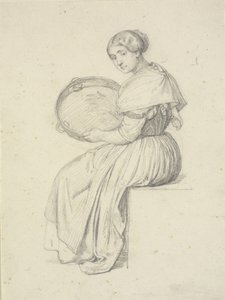 Mujer sentada con pandereta