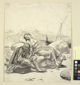 Niña durmiendo y viejo pescador en la playa