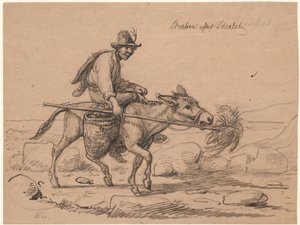 "Esfuerzo por el ideal". Jinete italiano de burro impulsa al animal sosteniendo un manojo de heno en una vara frente a su hocico de Wilhelm Marstrand
