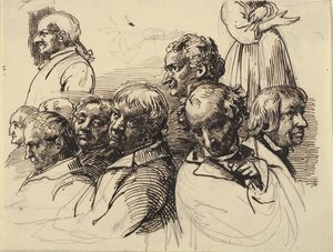 Hoja de estudio con ocho cabezas de hombres y una mujer sin cabeza de Wilhelm Marstrand