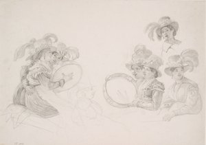 Mujeres romanas tocando el tambor con altos sombreros emplumados de Wilhelm Marstrand