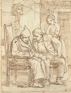 Dos hombres conversando, el anciano a la izquierda con gorro de dormir. Además una mujer