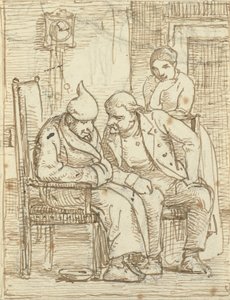 Dos hombres conversando, el anciano a la izquierda con gorro de dormir. Además una mujer de Wilhelm Marstrand