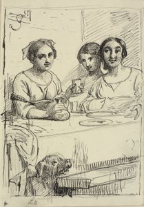 Tres chicas en una mesa, debajo de la mesa un perro de Wilhelm Marstrand