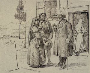 Fuera de una casa, un sacerdote amonesta a una pareja joven de Wilhelm Marstrand