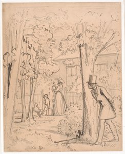 Joven observando en el jardín el comportamiento de su amada (al acecho) de Wilhelm Marstrand