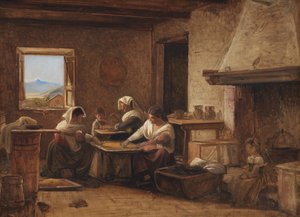 Mujeres trabajando en la cocina de una granja cerca de Olevano, Italia de Wilhelm Marstrand