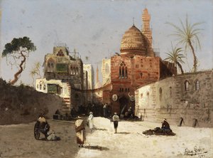 Alemán: Escena callejera oriental con mezquita, minarete y comerciantes en la explanada. de Wilhelm Sohn