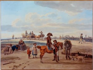 Jinetes, campesinos y carro frente a una ciudad de Wilhelm von Kobell