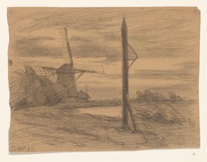 Paisaje con poste y molino de viento de Wilhelmus Johannes Steenhoff