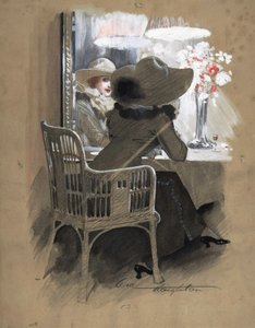 Retrato de mujer sentada a la mesa, c.1896 (acuarela, temple blanco y rojo sobre grafito) de Will Houghton