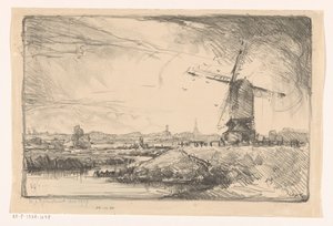 Paisaje con molino de viento cerca de Leiden de Willem Adrianus Grondhout (signed by artist)