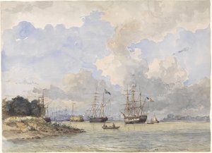 Maas frente a Rotterdam, con un barco americano y otro sueco de Willem Anthonie van Deventer