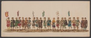 Desfile de Delft de 1862, quinto grupo Cuarto Lustrum de la Real Academia de Delft - Ao. 1862 - Optogt disfrazado (título de serie en objeto) de Willem Bernardus IJzerdraat