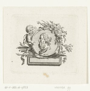 Busto de Homero sobre un medallón sostenido por un ángel y decorado con flores y ramas de palma. de Willem Bilderdijk