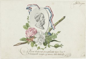 Viñeta con flores, medallón de retrato y cinta de Willem Bilderdijk