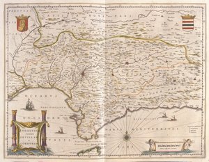 Andalucía y la ciudad de Sevilla, Estrecho de Gibraltar, en "Theatrum Orbis Terrarum, sive Atlas Novus" de Willem Blaeu, Amsterdam