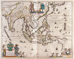 Asia, desde la India hasta el Tíbet, pasando por Japón y Nueva Guinea, en "Theatrum Orbis Terrarum, sive Atlas Novus" de Willem Blaeu, Amsterdam.