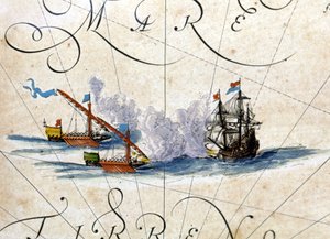 Batalla entre dos galeras y una carraca. Atlas de Willem Janszoon Blaeu (1571 - 1638) de Willem Blaeu