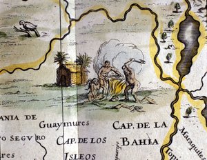 Brasil. Caníbales representando a un hombre con un hacha. Detalle de un mapa del Atlas de W. Blaeu