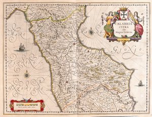 Calabria, Italia, en "Theatrum Orbis Terrarum, sive Atlas Novus" de Willem Blaeu, Amsterdam