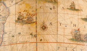 (detalle) de barcos de combate en el Océano Atlántico de un globo terráqueo 1645/48 de Willem Blaeu