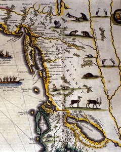Mapa geográfico del siglo XVII del Atlas holandés de Wilhelm Blaeu (1571-1638) que muestra territorios americanos y canadienses de animales de piel. El norte está abajo según la costumbre medieval. de Willem Blaeu