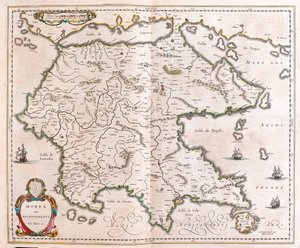 Grecia, Peloponeso, en "Theatrum Orbis Terrarum, sive Atlas Novus" de Willem Blaeu, Amsterdam