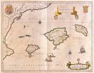 Mallorca, Menorca e Ibiza, incluidas las costas de Cataluña y Valencia, en "Theatrum Orbis Terrarum, sive Atlas Novus" de Willem Blaeu, Amsterdam.