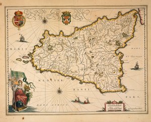 Mapa de Sicilia, de Willem Blaeu, de Regionum Italiae, grabado