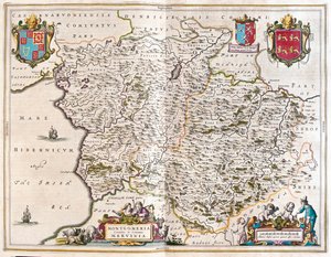 Montgomery y merioneth, en "Theatrum Orbis Terrarum, sive Atlas Novus" de Willem Blaeu, Amsterdam.