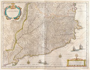 Provincia de Cataluña, España, en "Theatrum Orbis Terrarum, sive Atlas Novus" de Willem Blaeu, Amsterdam