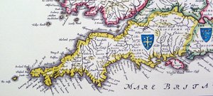 Escudos de Wessex y Sussex de la Heptarquía; nombre colectivo aplicado a los reinos anglosajones de Willem Blaeu
