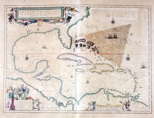 El mar Caribe: se puede ver el triángulo de las Bermudas entre el Archipiélago de las Bermudas, Miami y Puerto Rico. Según el Atlas de Wilhelm Blaeu de Willem Blaeu