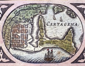 Vista de Cartagena en Colombia (Sudamérica). Detalle de un mapa del Atlas “Le Theatre du Monde” por Willem Janszoon Blaeu (1571-1638) de Willem Blaeu