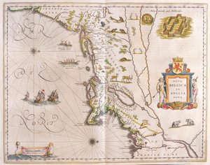 extremo noreste de la costa de los Estados Unidos, en "Theatrum Orbis Terrarum, sive Atlas Novus" de Willem Blaeu, Amsterdam.