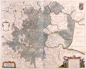 zonas inundadas" de Norfolk, Suffolk, Huntington, Northampton Cambridge y Lincoln, en "Theatrum Orbis Terrarum, sive Atlas Novus" de Willem Blaeu, Amsterdam.