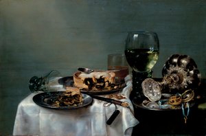 Naturaleza muerta de mesa de desayuno con tarta de moras de Willem Claesz. Heda