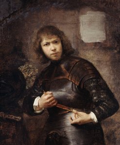 Un soldado, de pie, tres cuartos de longitud, abrochándose el cinturón de Willem Drost