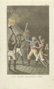 Dos figuras con espadas con dos hombres negros La heroína Antoinette Berg (título sobre objeto) de Willem Hendrik Hoogkamer