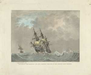 Velero en olas altas Adición de ladrillo. Fragata de guerra holandesa en busca de foque y mansail grande con rizos cerrados (título sobre el objeto) de Willem Hendrik Hoogkamer