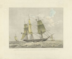 Barco de vela, balandro y barco piloto en el agua Corbeta de guerra estadounidense contra la costa holandesa poniendo el barco piloto esperando (título sobre objeto) de Willem Hendrik Hoogkamer