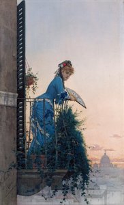 Una belleza elegante en un balcón mirando hacia Roma, con la cúpula de San Pedro en la distancia de Willem Johannes Martens