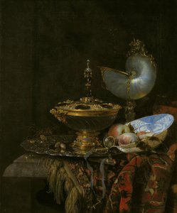 Bodegón Pronk con cuenco Holbein, copa Nautilus, copa de cristal y frutero de Willem Kalf